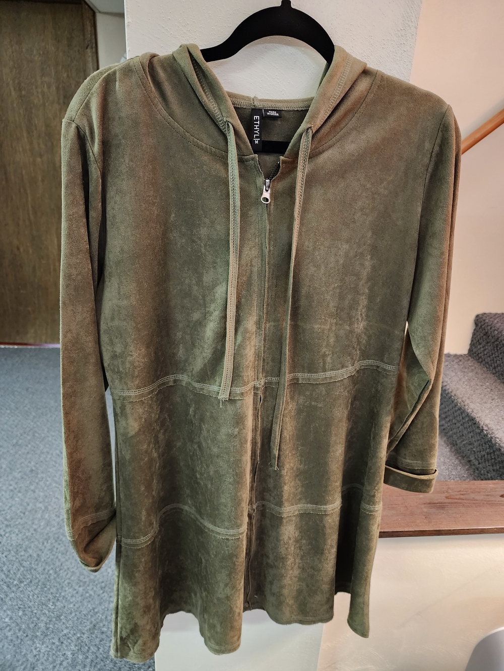 Ethyl Sz M Olive Green Long Hooded Zip-Front Jacket
